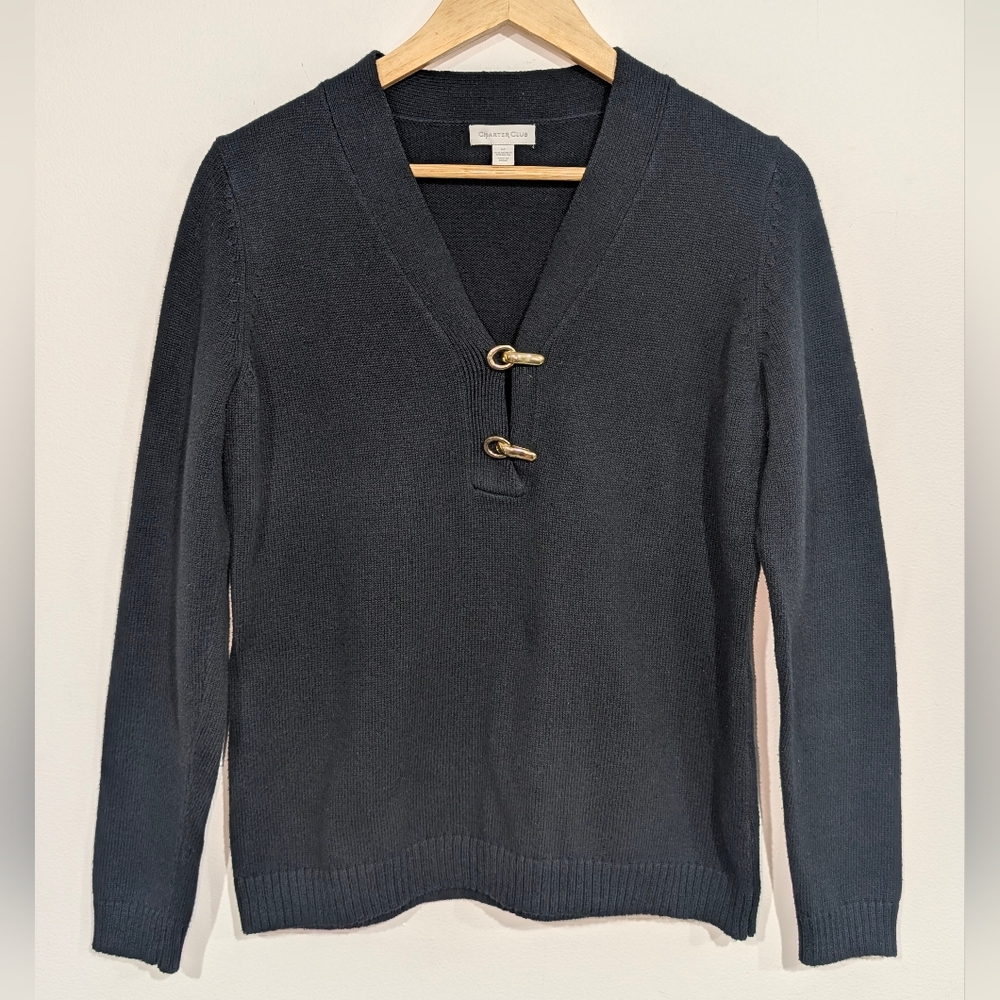 Charter Club Women's Md. Black Cotton Knit V-Neck Nautical Sweater Gold Accents